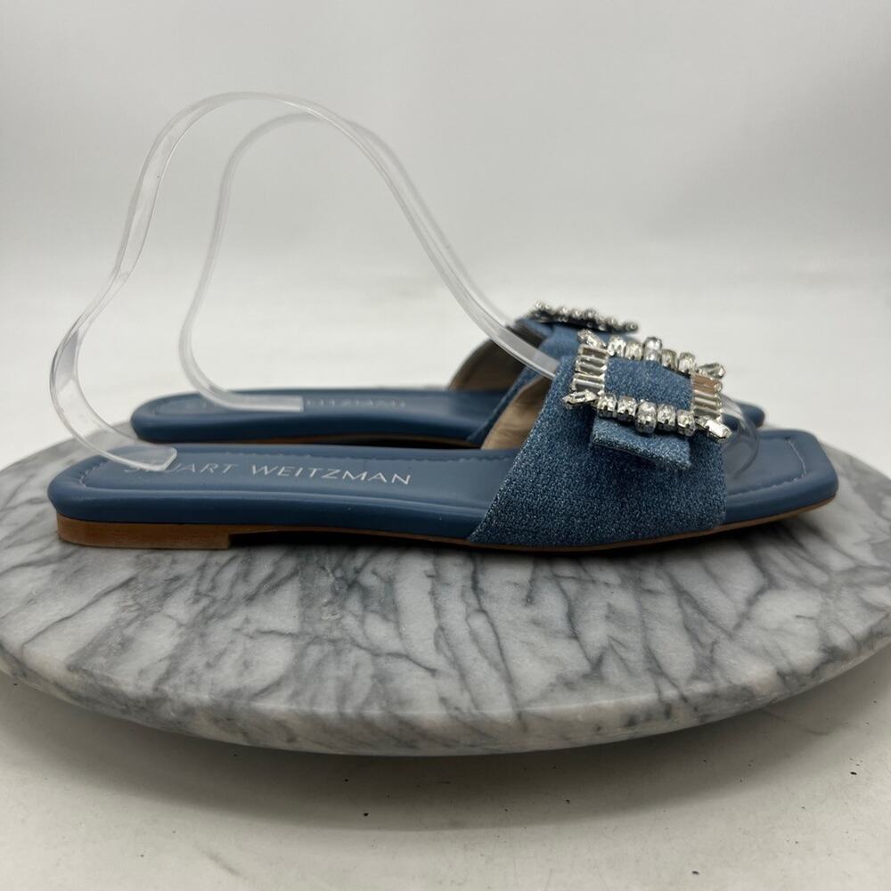 Stuart Weitzman Womens 9.5 Sandals Blue Shine Embellished Buckle Slide SA904 - Picture 2 of 12